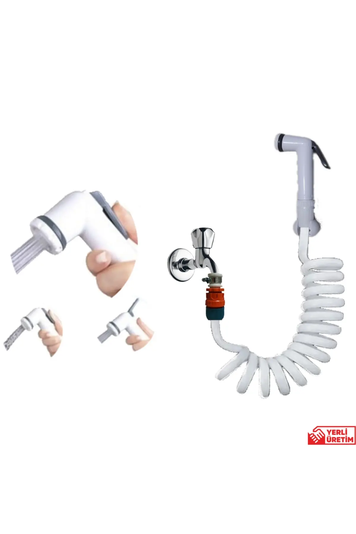 Spiral Mandallı Şattaf Başlıklı Sulama Yıkama Ayarlı Set Beyaz 2 Metre Yerli