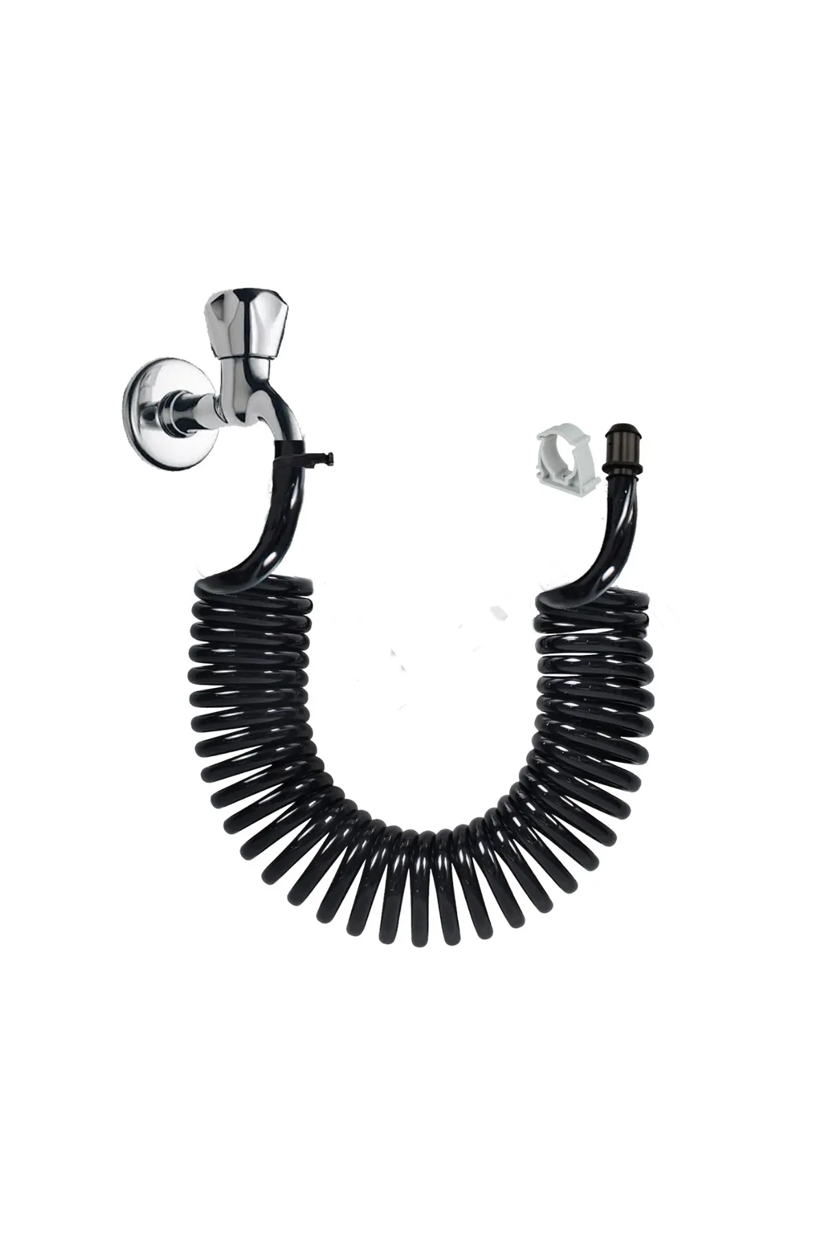Spiral Wc Taharet Hortum Matik ve Wc Banyo Yıkama Plastik Kelepçeli Set Siyah Inci 3.5 Metre