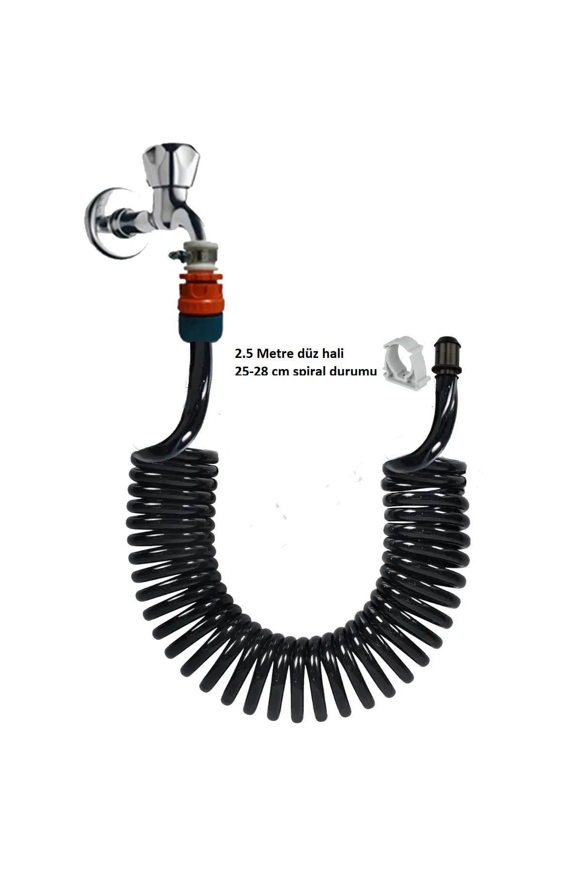Spiral Wc Taharet Hortum Matik Wc Banyo Yıkama Seti Kelepçe Adaptörlü Siyah Inci 2.5 Metre