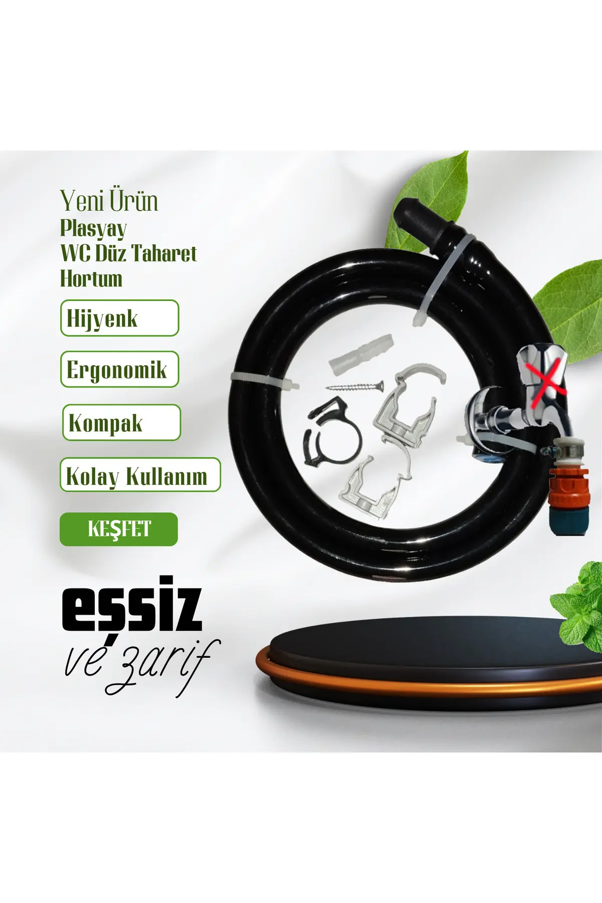 Düz Wc Banyo Taharet Matik Hortumu Kelepçe Adaptörlü Set 100 Cm Siyah İnci