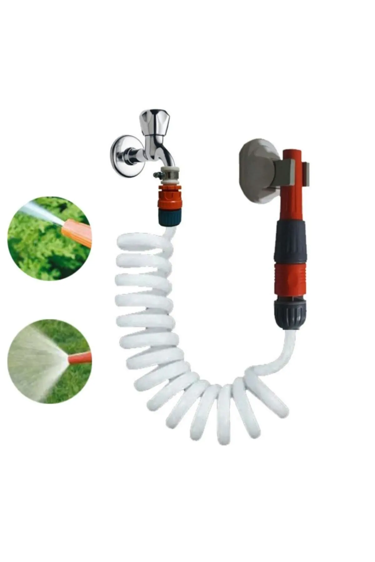 Spiral Sulama Hortumu Ve Ayarlı Lans Seti Yerli 4 Metre Beyaz