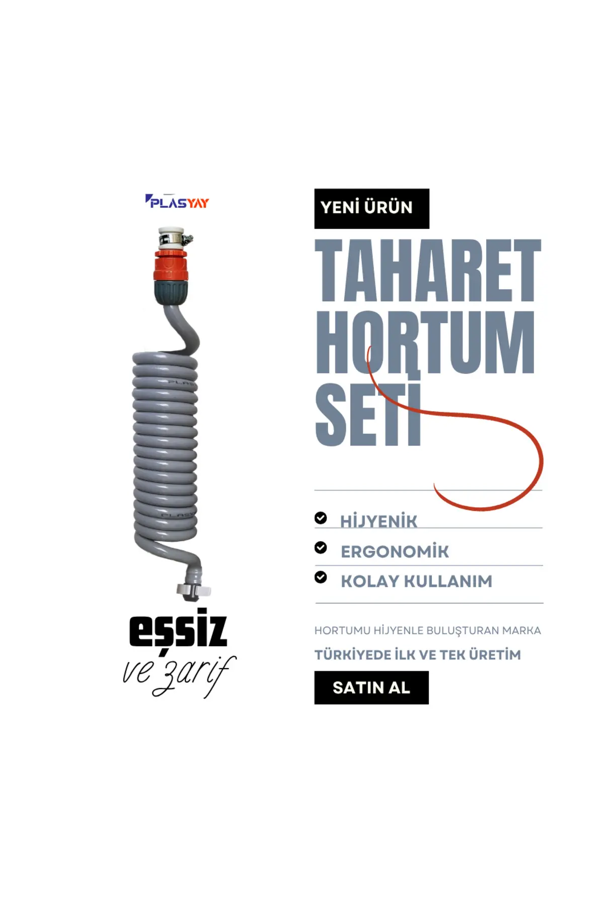 Spiral Wc Banyo Balkon Yıkama Hortum Seti Duvar Sabitlemeli 3 Metre Gri