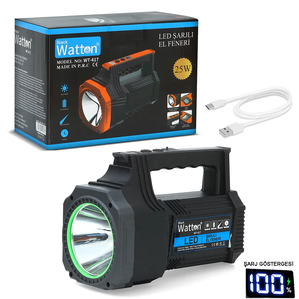 25W LED Şarjlı El Feneri – Kamp, ve Acil Durum için Güçlü Aydınlatma WT-417