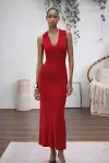 Kadın Kolsuz V Yakalı Uzun Triko Elbise-3