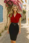 Kadın Kısa Kollu Kruvaze Yaka Krep Elbise (Kemersiz)-5