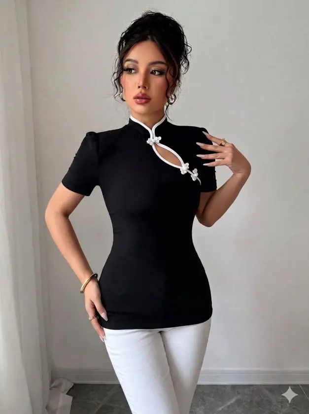 Kadın Beyaz şerit Detaylı Dar Kesim Dik Yaka Bluz