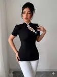 Kadın Beyaz şerit Detaylı Dar Kesim Dik Yaka Bluz-1