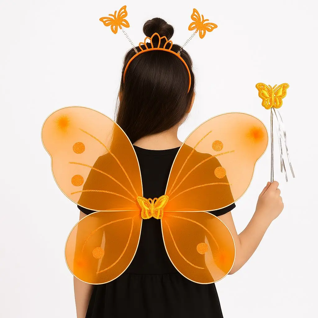 Turuncu Kelebek Kız Seti – 50 cm Kelebek Kanadı, Taç ve Asa (4745)