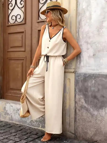 Kadın Askıdan Bağlamalı V Yakalı Belden Süs Bağcıklı Tulum