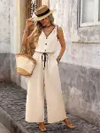 Kadın Askıdan Bağlamalı V Yakalı Belden Süs Bağcıklı Tulum-3