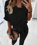 Kadın Kısa Kollu Yakalı önden Düğmeli Bürümcük Bluz Ve Pantolon Ikili Takım-2