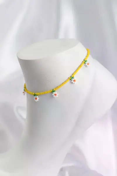 Sarı Renk Boncuklu Papatya Motifli Halhal TJ-HH1666