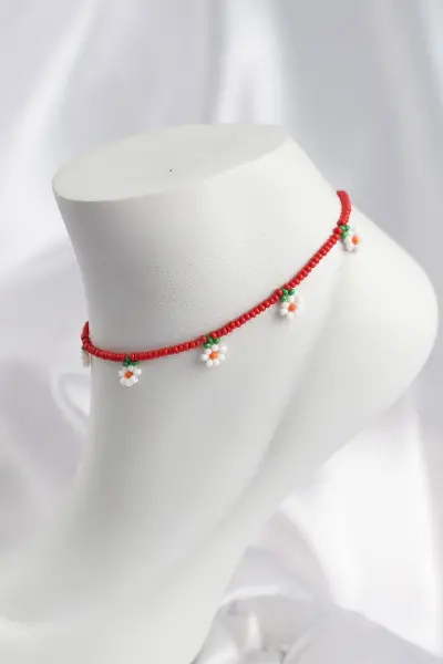 Kırmızı Renk Boncuklu Papatya Motifli Halhal TJ-HH1664