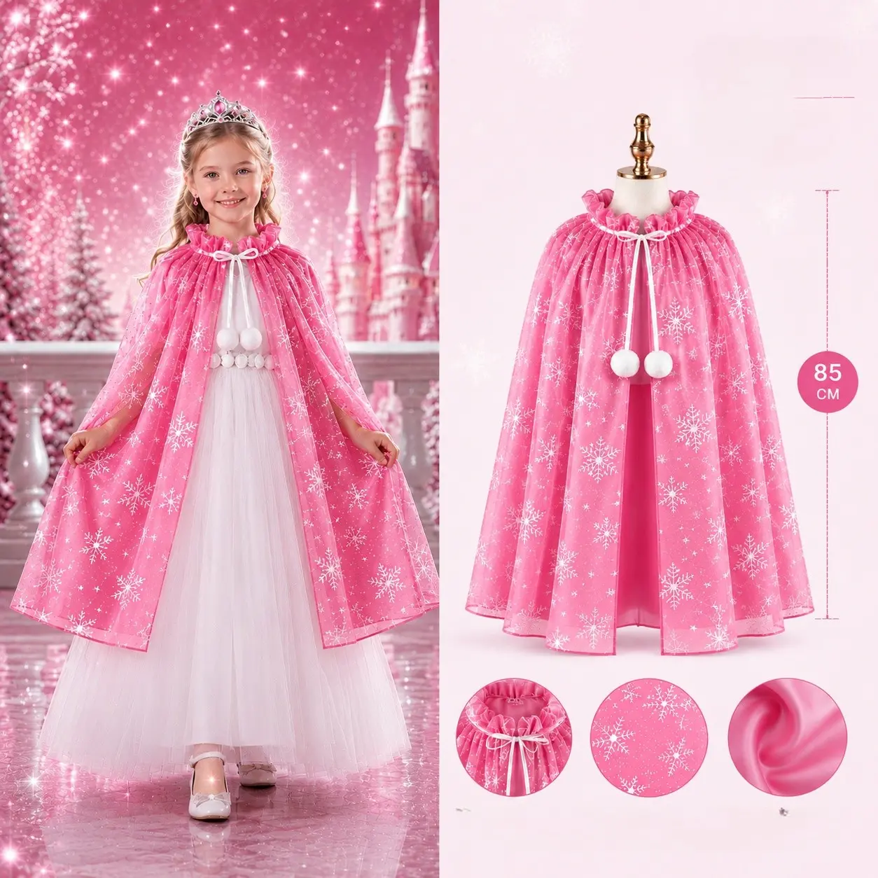 Kar Tanesi Desenli Pembe Elsa Pelerini - Astarlı Frozen Pelerini 85 cm