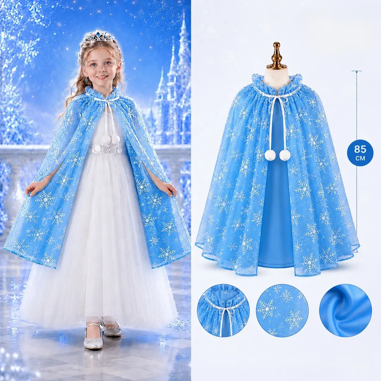 Kar Tanesi Desenli Mavi Elsa Pelerini - Astarlı Frozen Pelerini 85 cm