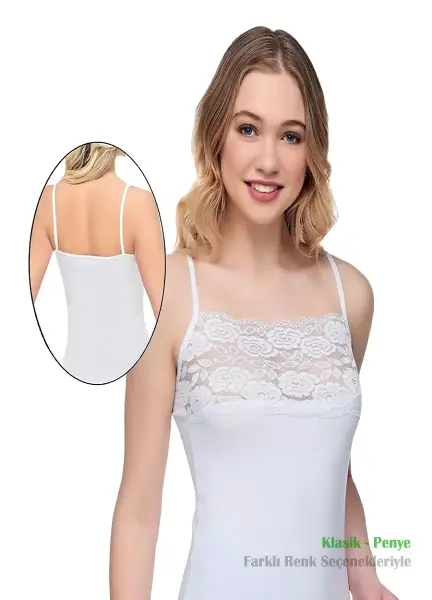 Alışveriş Meydanı Kadın Beyaz İnce Askılı Likralı Geniş Dantelli Atlet