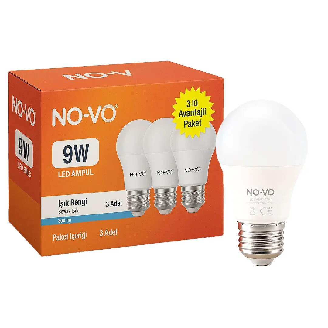 NO-VO 3LÜ AVANTAJ PAKET 9W BEYAZ LED AMPUL E27 806LM 6500K 15.000 SAAT ÖMÜR (4745)