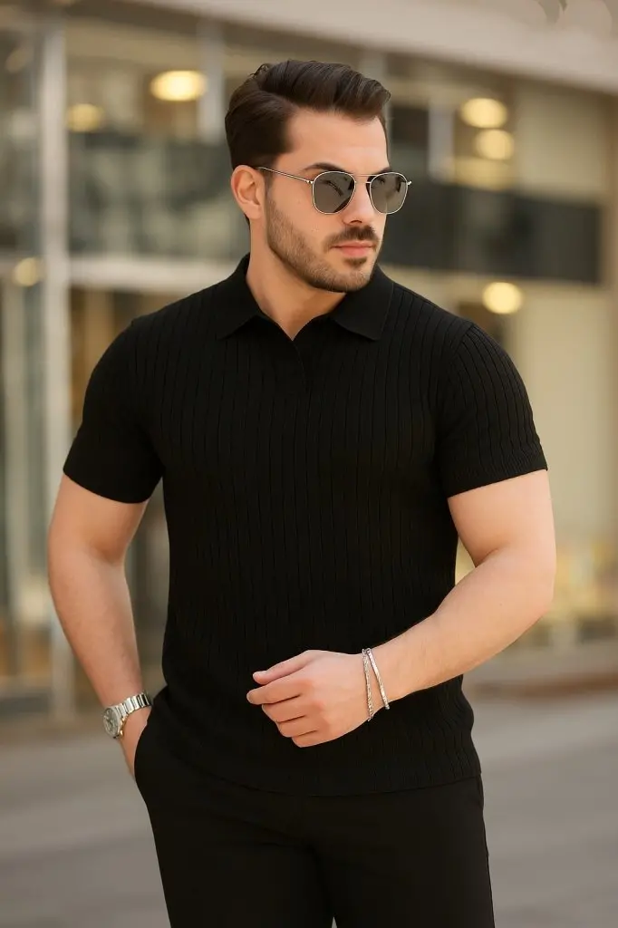 Erkek Kısa Kollu Yakalı çizgi Desenli Triko Bluz-2