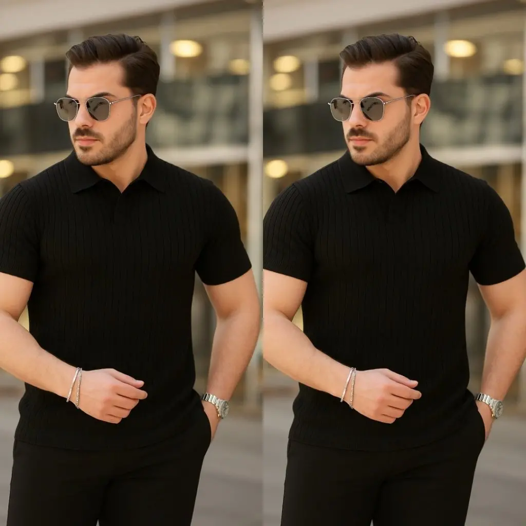 Erkek Kısa Kollu Yakalı çizgi Desenli Triko Bluz-3