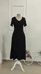 Kadın Kısa Kollu V Yakalı Cepli Midi Viskon Elbise-6