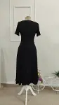 Kadın Kısa Kollu V Yakalı Cepli Midi Viskon Elbise-8