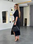 Kadın Kısa Kollu Bisiklet Yaka Yandan Yırtmaçlı Viskon Iki Iplik Elbise-4