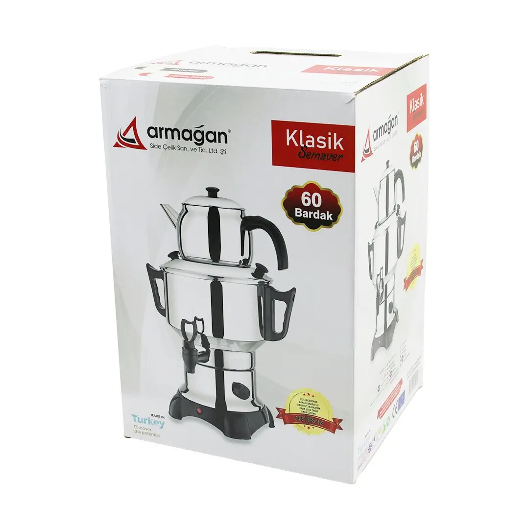 KLASİK ÇAY SETİ=DEMLİK - SU KAZANI ELEKTRİKLİ SEMAVER 60 BARDAK 6LT - TEK MUSLUK 1500W GİZLİ REZİSTANS (4745)
