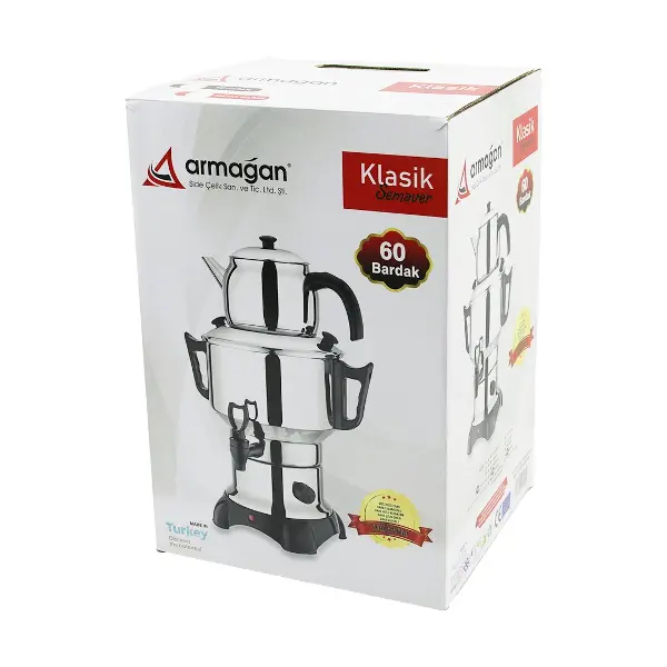 KLASİK ÇAY SETİ=DEMLİK - SU KAZANI ELEKTRİKLİ SEMAVER 60 BARDAK 6LT - TEK MUSLUK 1500W GİZLİ REZİSTANS (4745)