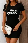 Kadın Kısa Kollu Queen Baskı Iki Iplik Mini Elbise-1