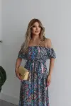 Kadın Kısa Kollu Madonna Yaka Fırfırlı Belden Yırtmaçlı Maksi Süprem Elbise-8