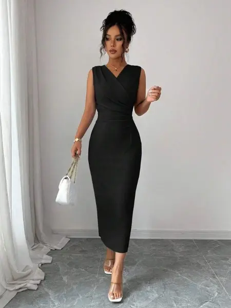 Kadın Kolsuz Kruvaze Yakalı Midi Janjan Krep Elbise
