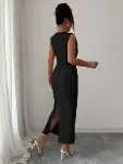 Kadın Kolsuz Kruvaze Yakalı Midi Janjan Krep Elbise-2