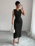Kadın Kolsuz Kruvaze Yakalı Midi Janjan Krep Elbise-4