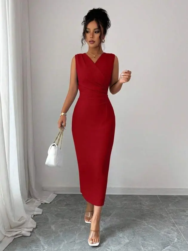 Kadın Kolsuz Kruvaze Yakalı Midi Janjan Krep Elbise