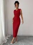 Kadın Kolsuz Kruvaze Yakalı Midi Janjan Krep Elbise-4