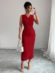 Kadın Kolsuz Kruvaze Yakalı Midi Janjan Krep Elbise-5