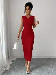 Kadın Kolsuz Kruvaze Yakalı Midi Janjan Krep Elbise-1