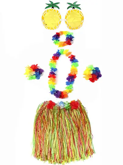 Yetişkin ve Çocuk Uyumlu Luau Aloha Hawaii Rengarenk 40 cm Etek Ananas Şekilli Gözlük Hawaii Kolye Renkli Taç ve 2 Adet Bileklik Seti (4745)