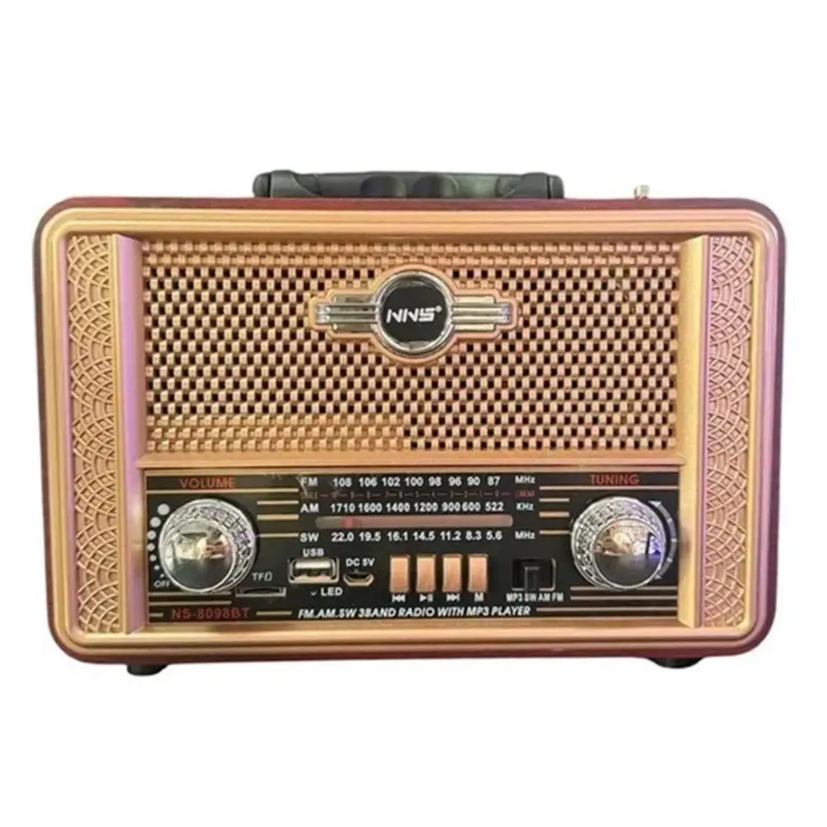 Retro, Nostaljik, Ahşap Tasarım Bluetooth Hoparlörlü, Şarjlı, Taşınabilir Otantik Tasarımlı FM/AM Destekli Radyo NS8098 (4745)