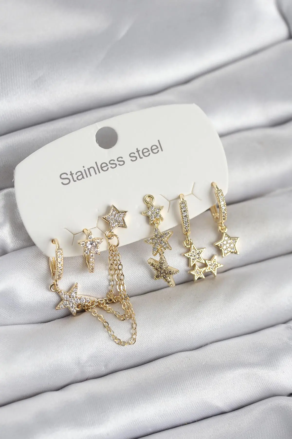 316L Çelik Gold Renk 6'lı Set Zincirli Yıldız Modelli Kadın Küpe TJ-BKP11747