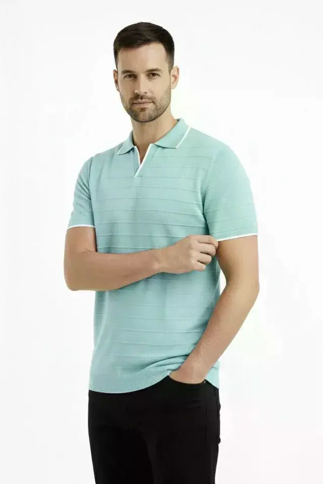 Erkek Triko Kumaş Yakalı Düğmesiz Açık Yaka Fitilli Kısa Kollu Regular Fit Tişört T-shirt - Mint Yeşili