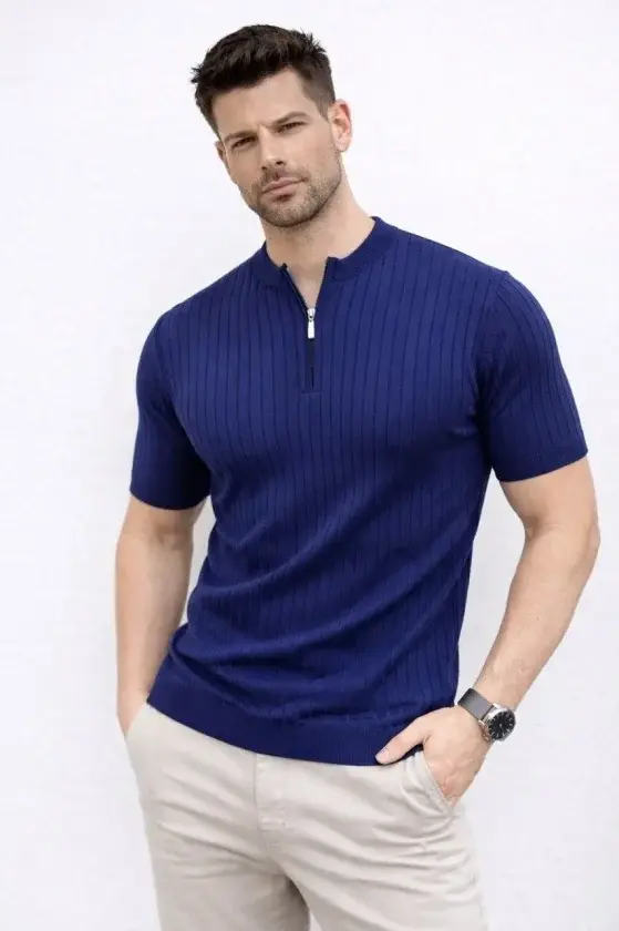 Erkek Kısa Kol Fitilli Triko T-Shirt Yazlık Hakim Yaka Tişört - Lacivert