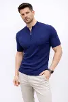Erkek Kısa Kol Fitilli Triko T-Shirt Yazlık Hakim Yaka Tişört - Lacivert-2
