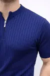Erkek Kısa Kol Fitilli Triko T-Shirt Yazlık Hakim Yaka Tişört - Lacivert-3