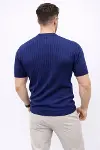 Erkek Kısa Kol Fitilli Triko T-Shirt Yazlık Hakim Yaka Tişört - Lacivert-4