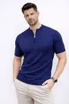 Erkek Kısa Kol Fitilli Triko T-Shirt Yazlık Hakim Yaka Tişört - Lacivert-1