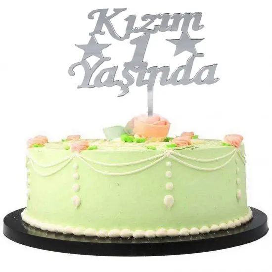 Kızım 1 Yaşında İlk Yaş Doğum Günü Partisi Pleksi Pasta Süsü Gümüş Renk (4745)