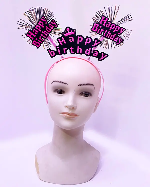 Happy Birthday Püsküllü Neon Pembe Renk Doğum Günü Tacı 22x19 cm (4745)
