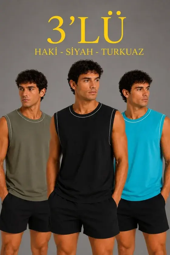 Erkek 3’lü Kolsuz Sporcu Atlet Seti Yazlık Bisiklet Yaka - Siyah, Haki, Açık Mavi