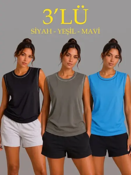 3’lü Kolsuz Sporcu Atlet Seti Yazlık Bisiklet Yaka - Siyah, Haki, Mavi